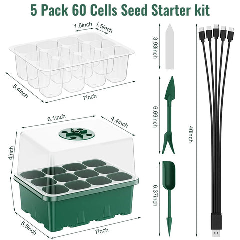 Dimensions and components of 5 Pack 60 Cell Seed Starter Trays With Built In Grow Light Kit Humidity Dome And Base for germination