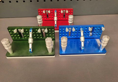 Heavy Duty T6061 Aluminum Belt Grinder Knife Jig in green, red, and blue colors, precision CNC machined for blade sharpening.