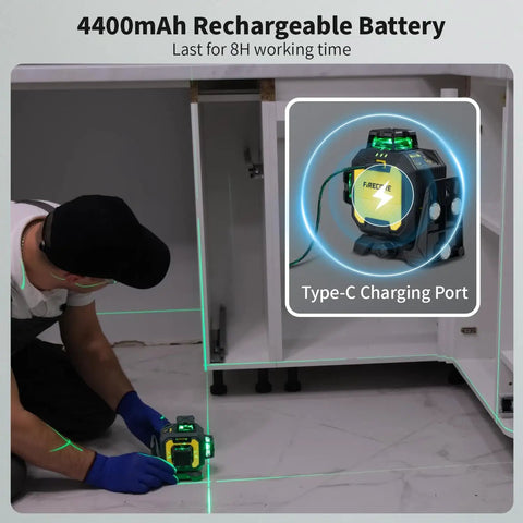 Pro Grade Green Beam Laser Level With Receiver Kit, 360 Self Leveling Laser in use for home renovation, 4400mAh battery charging.