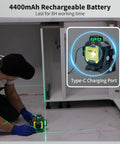 Green Cross Line Laser Level 360 Self Leveling, Rechargeable, in use for cabinet installation, highlighting Type-C charging port.
