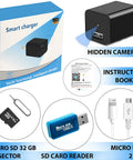 Hidden USB Charger Spy Camera With WiFi Live View 1080p HD Recording For Home Security And Baby Monitor package contents.