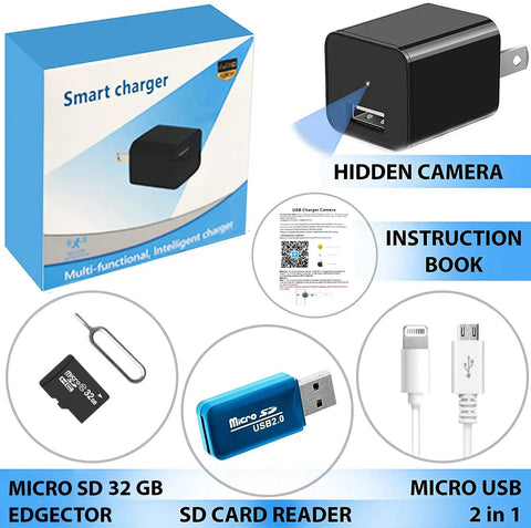 Hidden USB Charger Spy Camera With WiFi Live View 1080p HD Recording For Home Security And Baby Monitor package contents.