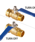Heavy Duty Garden Hose Shut Off Valve With Long Handle High Flow Brass Three Quarter Inch GHT Ball Valve showing turn on and off positions.