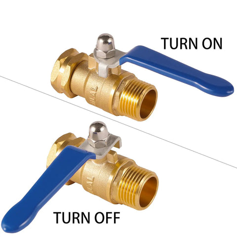 Heavy Duty Garden Hose Shut Off Valve With Long Handle High Flow Brass Three Quarter Inch GHT Ball Valve showing turn on and off positions.