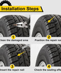 Installation steps for 76 Piece Tire Repair Kit With Premium Spiral Screw In Plugs showing puncture repair process on a tire