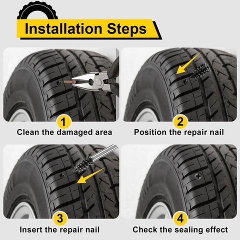 Installation steps for 76 Piece Tire Repair Kit With Premium Spiral Screw In Plugs showing puncture repair process on a tire