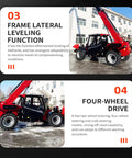 Heavy Duty Telescopic Boom Handler Forklift With Smart Transmission And Auto Leveling Frame Built Damn Tough For No Sweat Jobsite Hauling and Quick Adapter Swaps, showcasing frame lateral leveling and four-wheel drive.