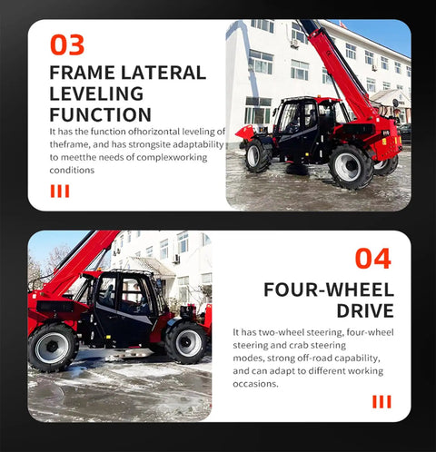 Heavy Duty Telescopic Boom Handler Forklift With Smart Transmission And Auto Leveling Frame Built Damn Tough For No Sweat Jobsite Hauling and Quick Adapter Swaps, showcasing frame lateral leveling and four-wheel drive.