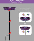 Outdoor 11 Inch Colorful Purple And Blue Metal Bird Bath Freestanding Garden Decor Hummingbird Flower Bowl Feeder For Backyard Birds Yard Art That Pops Weatherproof Sturdy Stand Easy Assembly with illustrated parts