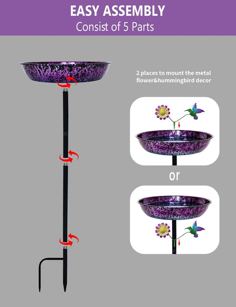 Outdoor 11 Inch Colorful Purple And Blue Metal Bird Bath Freestanding Garden Decor Hummingbird Flower Bowl Feeder For Backyard Birds Yard Art That Pops Weatherproof Sturdy Stand Easy Assembly with illustrated parts
