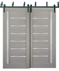 Quadro 4088 Sliding Interior Door 36 x 96 In Ginger Ash Frosted Glass Barn Bypass Doors With Solid MDF Core, shown with rails and hangers.
