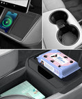 Tesla Model Y Juniper Standard Center Console Organizer Set With A Badass Wireless Charging Pad And Squared Away Cup Holder Insert to organize daily items.