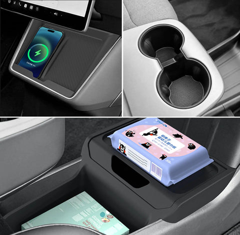 Tesla Model Y Juniper Standard Center Console Organizer Set With A Badass Wireless Charging Pad And Squared Away Cup Holder Insert to organize daily items.