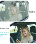 Woman in car with and without 52mm Clip-On CPL Polarizing Filter For All Smartphones Universal Fit Eliminate Glare And Boost Clarity