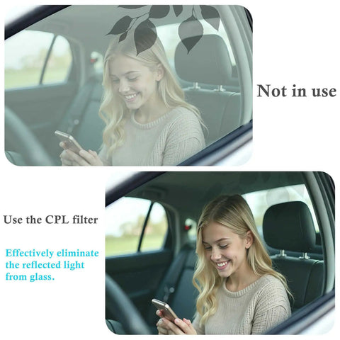 Woman in car with and without 52mm Clip-On CPL Polarizing Filter For All Smartphones Universal Fit Eliminate Glare And Boost Clarity