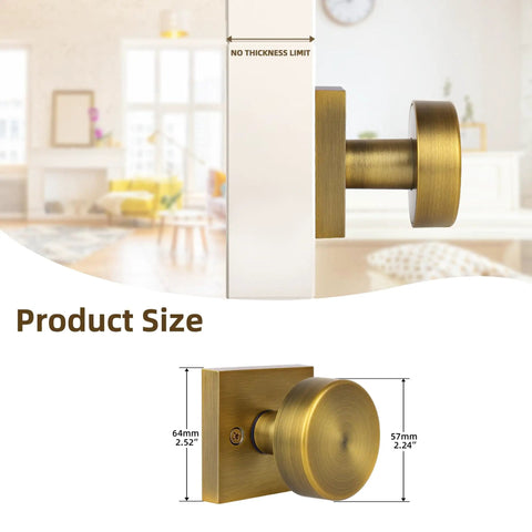 Two Pack Antique Brass Dummy Door Knobs For Interior Doors, Vintage Square Rosette, Non Turning Knob, side view