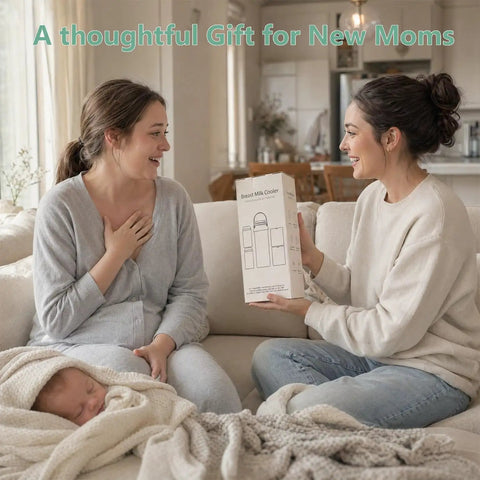 Two women discussing a Portable Breast Milk Cooler With 24 Hour 360 Chill Technology 22 Oz No Ice Pack Nursing Bottle.