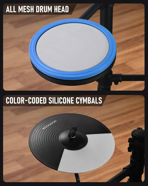 Blue mesh drum head and black-white cymbal from Beginner Electric Drum Set Kit With 180 Dope Sounds, USB MIDI