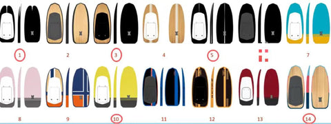 Various high-power electric hydrofoil surfboards with full carbon fiber build and different designs; focus on style variety.