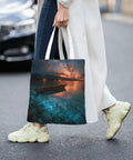 Polynesian Outrigger Canoe Prints Tote Bag For Women Large Capacity with canoe scene, held by woman in urban setting.