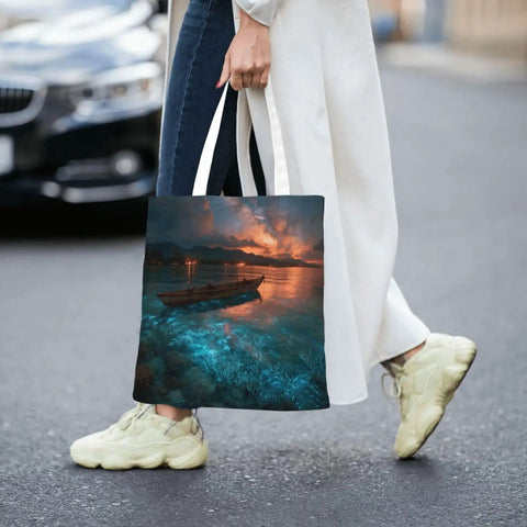 Polynesian Outrigger Canoe Prints Tote Bag For Women Large Capacity with canoe scene, held by woman in urban setting.