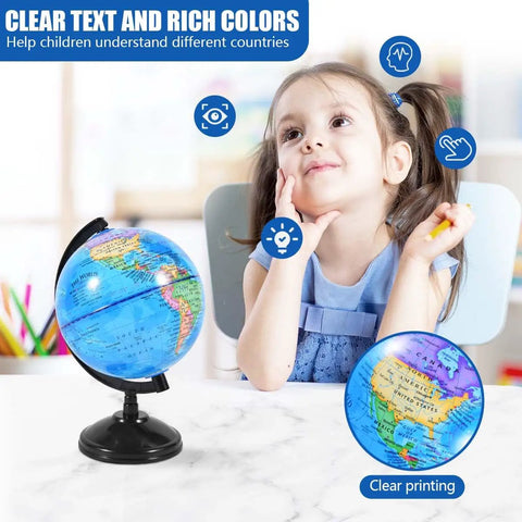 Rotating 6 Inch World Globe With Stand Kid Friendly For Learning Geography At School Or At Home next to smiling child