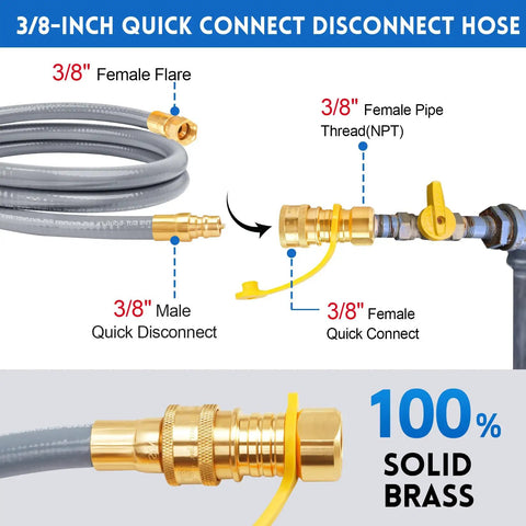 Six Foot Three Eighth Inch Inner Diameter Natural Gas Hose Replacement And Conversion Kit For Grills And Fire Pits Ideal For Weber Grills Blackstone Griddles Generators And Patio Heaters With Sealing Tape showcasing 3/8 inch quick connect fittings and 100% solid brass components.