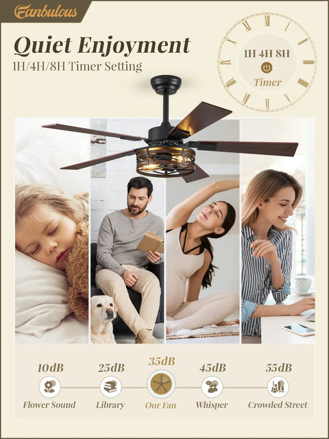 48 Inch Farmhouse Ceiling Fan With Remote And Light Vintage Caged Design Walnut Blades for Bedroom Living Room, showing timer settings.