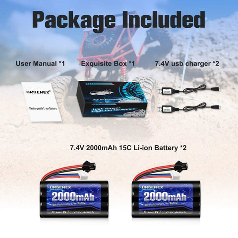 Package contents of 2S 7.4V 2000mAh Li Ion RC Battery With SM 2P Plug, user manual, exquisite box, 2 USB chargers.