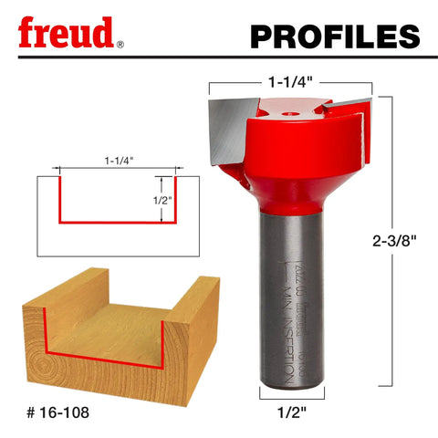 Spoilboard Surfacing And Mortising Router Bit Pro Grade One And A Quarter Inch Diameter With Half Inch Shank And Half Inch Carbide Height Dual Cutters Down Shear For Clean Top Surfaces For CNC Routers Handheld And Table Mounted Routers Top Bearing, showing dimensions and profile.