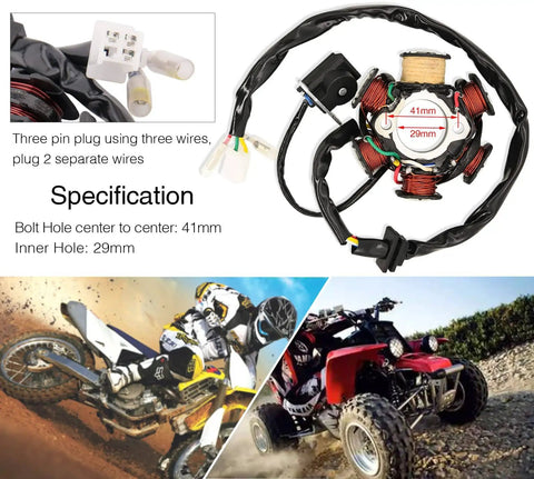 All In One GY6 Wiring Harness Kit For 50Cc To 125Cc Engines With Stator Coil CDI Ignition Coil displayed with specifications.