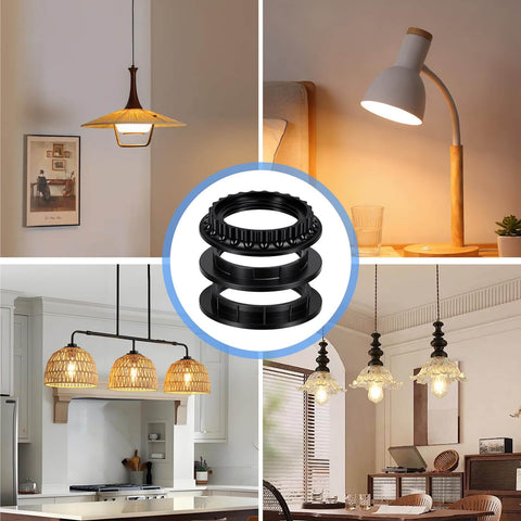 12 Pack E26 E27 Lamp Shade Rings Replacement Kit, 3 Styles, 2 Sizes 34mm And 39mm Inner Diameter, displayed with pendant and table lamps.