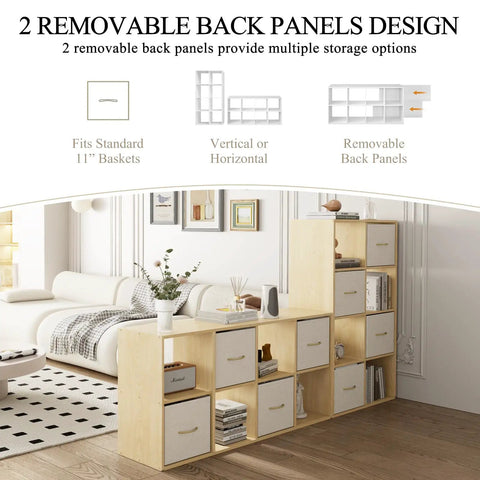 8 Cube Storage Organizer with Solid Wood Frame and Four Fabric Bins in bedroom, shown horizontally with decor.