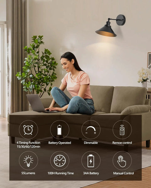 Black Vintage Wireless Battery Operated Wall Sconces Set Of Two Cordless Led Industrial Light Fixtures With Remote Control No Wiring Drama Quick Peel Stick Mount for cozy lounge.