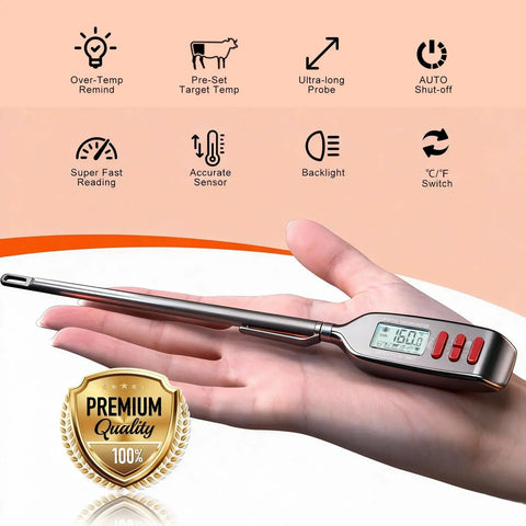 Digital Meat Thermometer With Long Probe Instant Read In Two Seconds Backlit Display showing temperature over hand