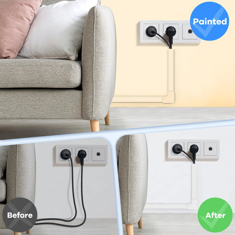 Paintable Wall Cable Management Kit For TV Mounts 126 Inch Cord Hider That Conceals 2 To 4 Cables Along Wall Ultra Slim Grey Cord Cover showing before and after use behind couch