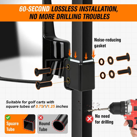Top Shelf Heavy Duty Golf Cart Side Mirrors Featuring A Straight Up Easy No Sweat Roof Mount showing installation on square tube.