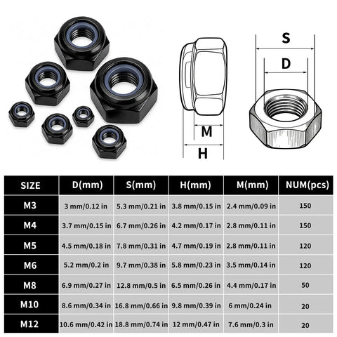 Heavy Duty M4 Nylon Insert Lock Nuts 150 Piece Assortment Black Metric Nylock Hex Bolts assortment with size dimensions