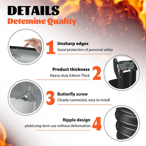 Infographic detailing features of 48 Inch Round Galvanized Fire Pit Ring Foldable For Backyard Hangouts And Campfires In Yard Garden Park Or Beach Black Gray Durable Rust Resistant Steel 4 Ft Diameter 1 Ft Tall.