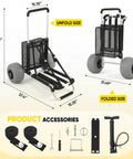 Beach Wagon With 12 Inch Massive Wheels For Sand And All Terrain Hauling, shown folded and unfolded with accessories