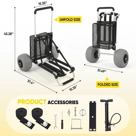 Beach Wagon With 12 Inch Massive Wheels For Sand And All Terrain Hauling, shown folded and unfolded with accessories