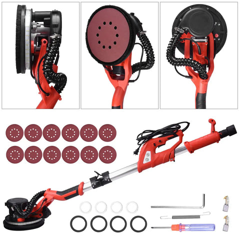 Drywall Sander With Vacuum System, 800W Electric Sander With 7 Variable Speeds 800-1750 RPM, accessories and tools displayed