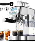 Kickass Automatic Espresso Machine With Upgraded Milk Frother And Twenty Bar Pressure For Straight Up Barista Vibes Plus Smooth Latte Coffee Maker With Lcd Screen And Dual Wall Filters For Home Chefs with iced coffee glasses.