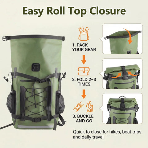 Instructions for easy roll top closure of 40L Waterproof Backpack Dry Bag For Hiking And Travel, highlighting buckle and fold steps.