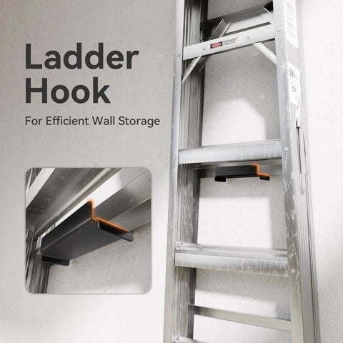 Heavy Duty Ladder Wall Hooks 2 Pack Garage Storage Hangers holding aluminum extension ladder on wall for efficient storage