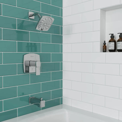 Deckard Square Modern Tub And Shower Faucet In Polished Chrome With Multi Function Showerhead 1.8 GPM Pressure Balance Trim