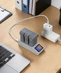 LCD Parallel Battery Charger For Drones, 3 Slot Charging Hub With Display Screen, USB C PD Fast Charging setup on desk