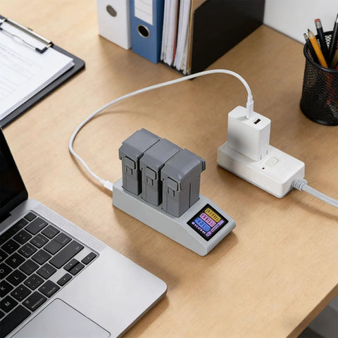 LCD Parallel Battery Charger For Drones, 3 Slot Charging Hub With Display Screen, USB C PD Fast Charging setup on desk