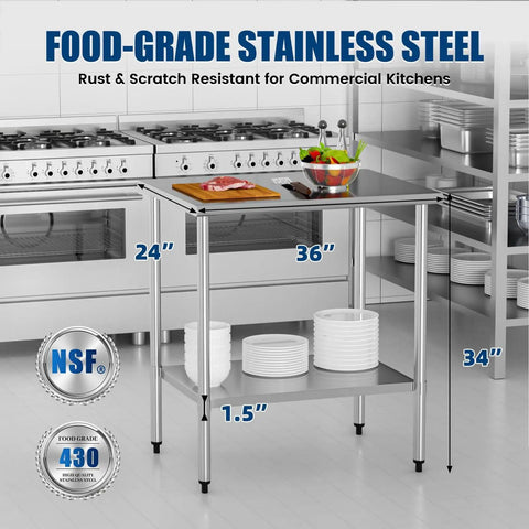 Heavy Duty Stainless Steel Work Table 24 By 36 Inch With Adjustable Undershelf Chef Grade Prep Table For Commercial Kitchen Restaurant Garage Or Outdoor Use Rust Resistant And Easy To Clean Ample Workspace