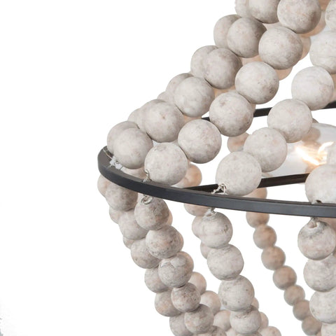 Close-up of Farmhouse Boho Chandelier With Handmade Wood Beads For Dining Room Or Living Room, white distressed finish beads detail